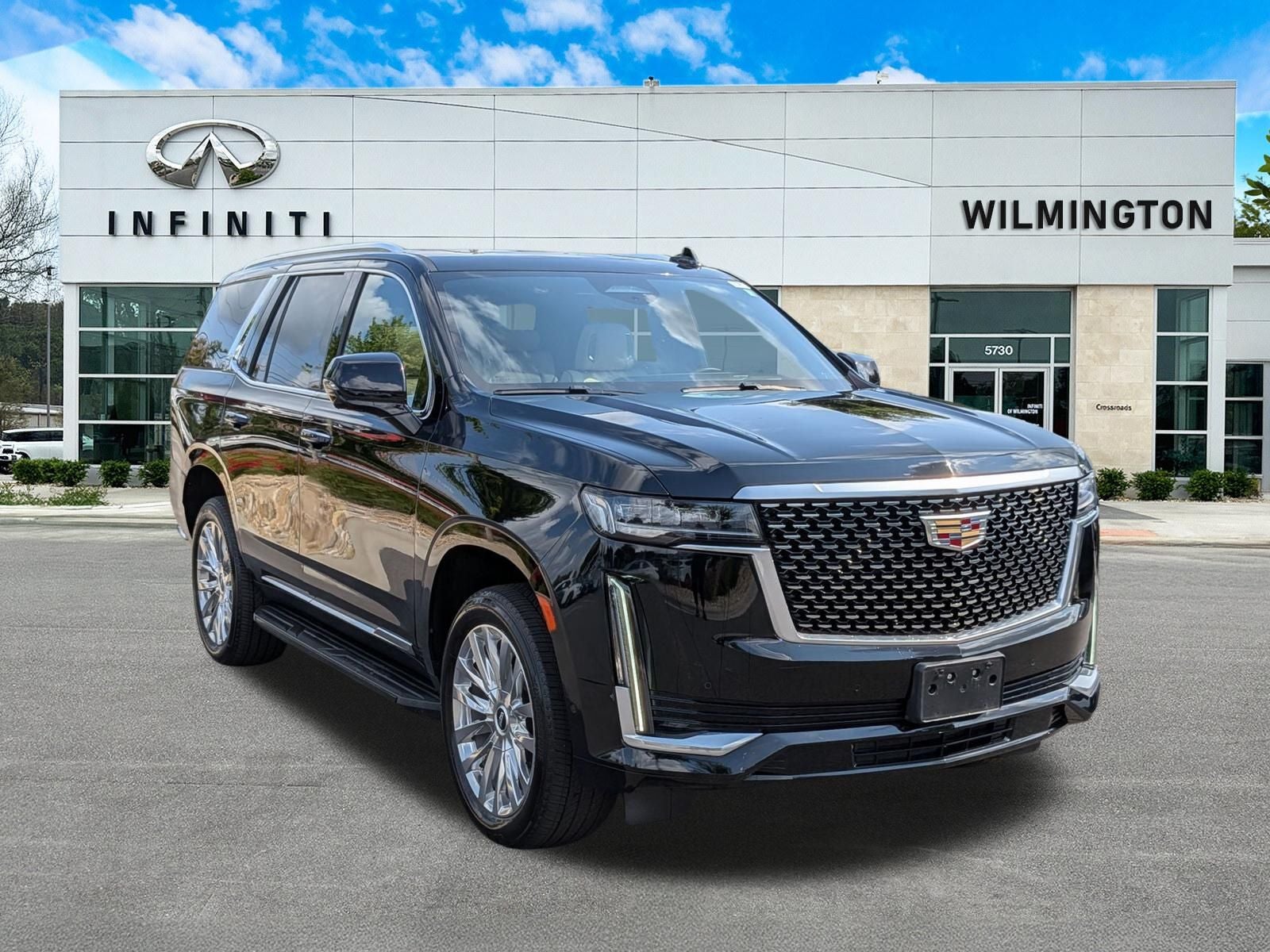 2023 Cadillac Escalade Premium Luxury in Black Raven — front three-quarter view