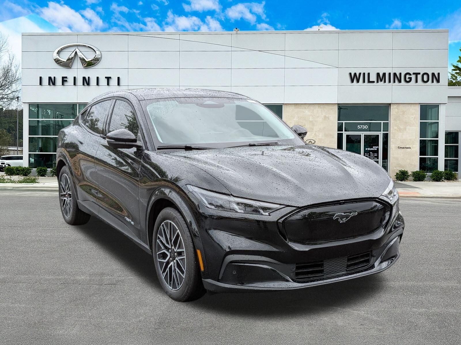 2025 Ford Mustang Mach-E Premium in Shadow Black — front three-quarter view