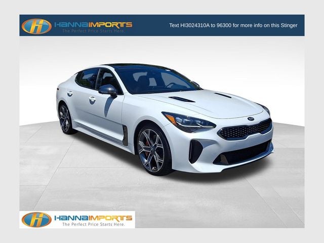 2019 Kia Stinger GT2 in Snow White Pearl — front three-quarter view